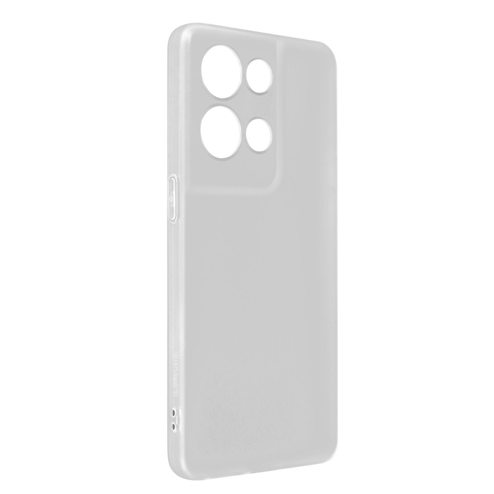 Una custodia per telefono grigio chiaro con aperture per le lenti della fotocamera. Su sfondo bianco.