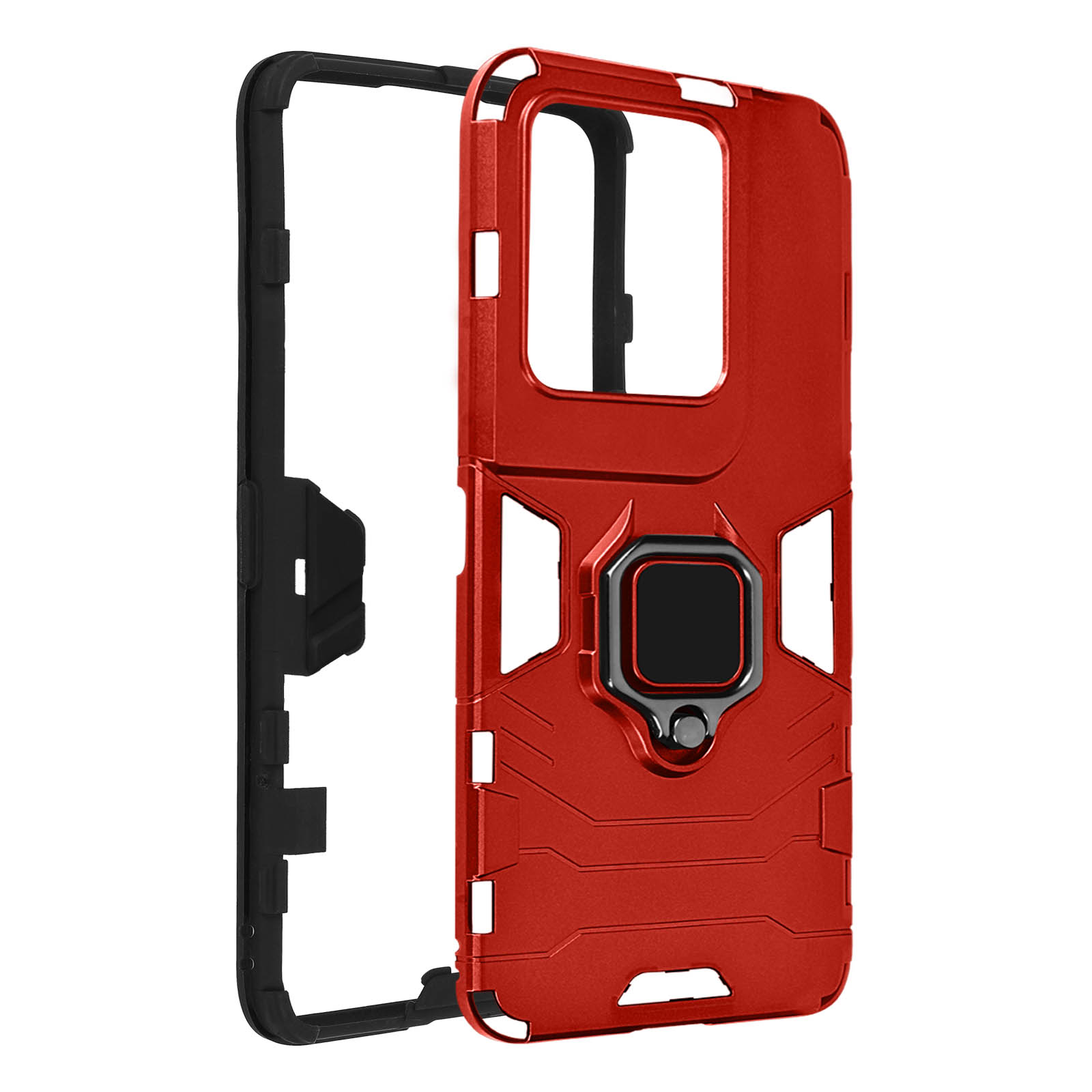 Coque de téléphone rouge, ouverte pour montrer l'intérieur. Avec découpe caméra et cadre noir.