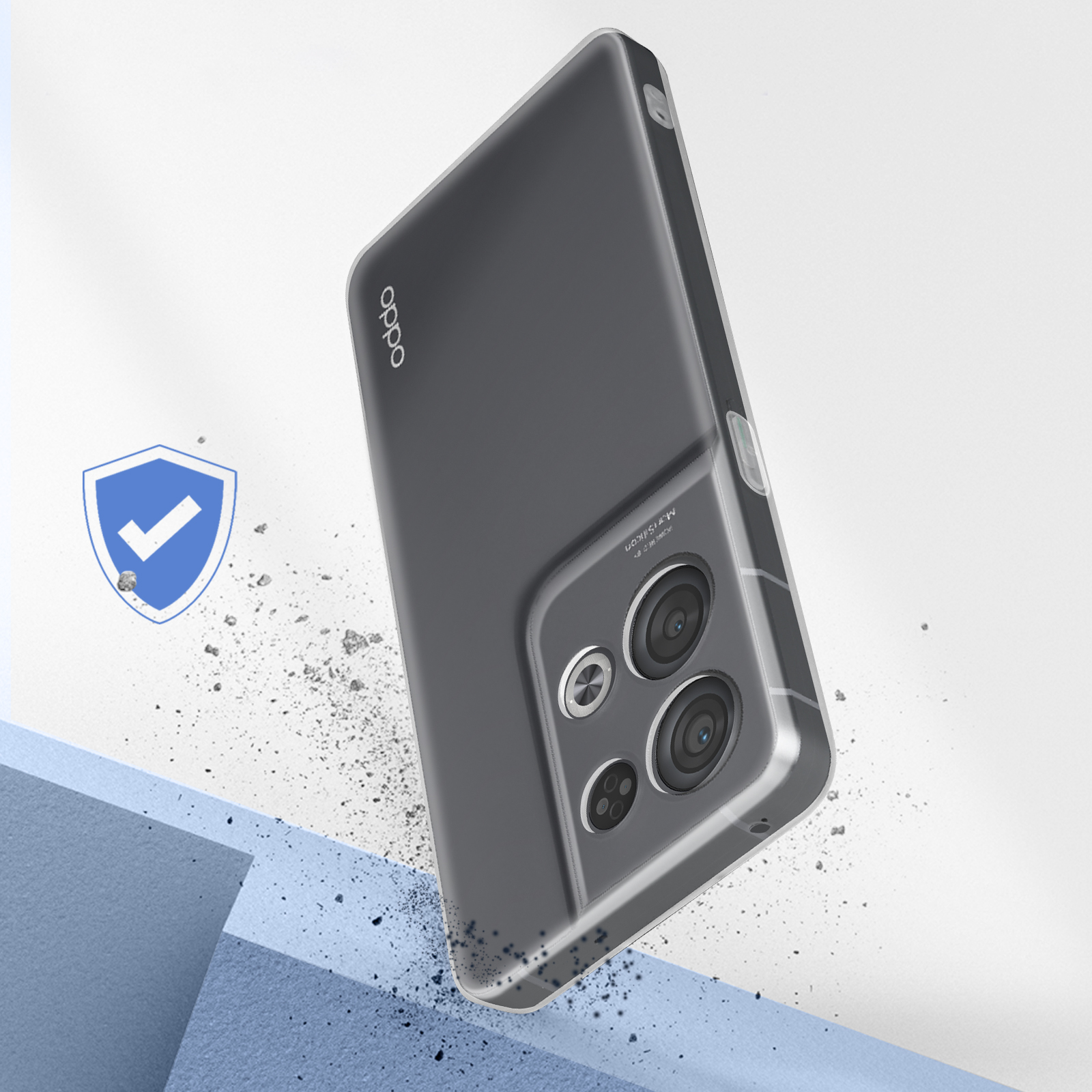 Custodia trasparente per telefono Oppo. È presente un'icona a scudo, blu e bianca.