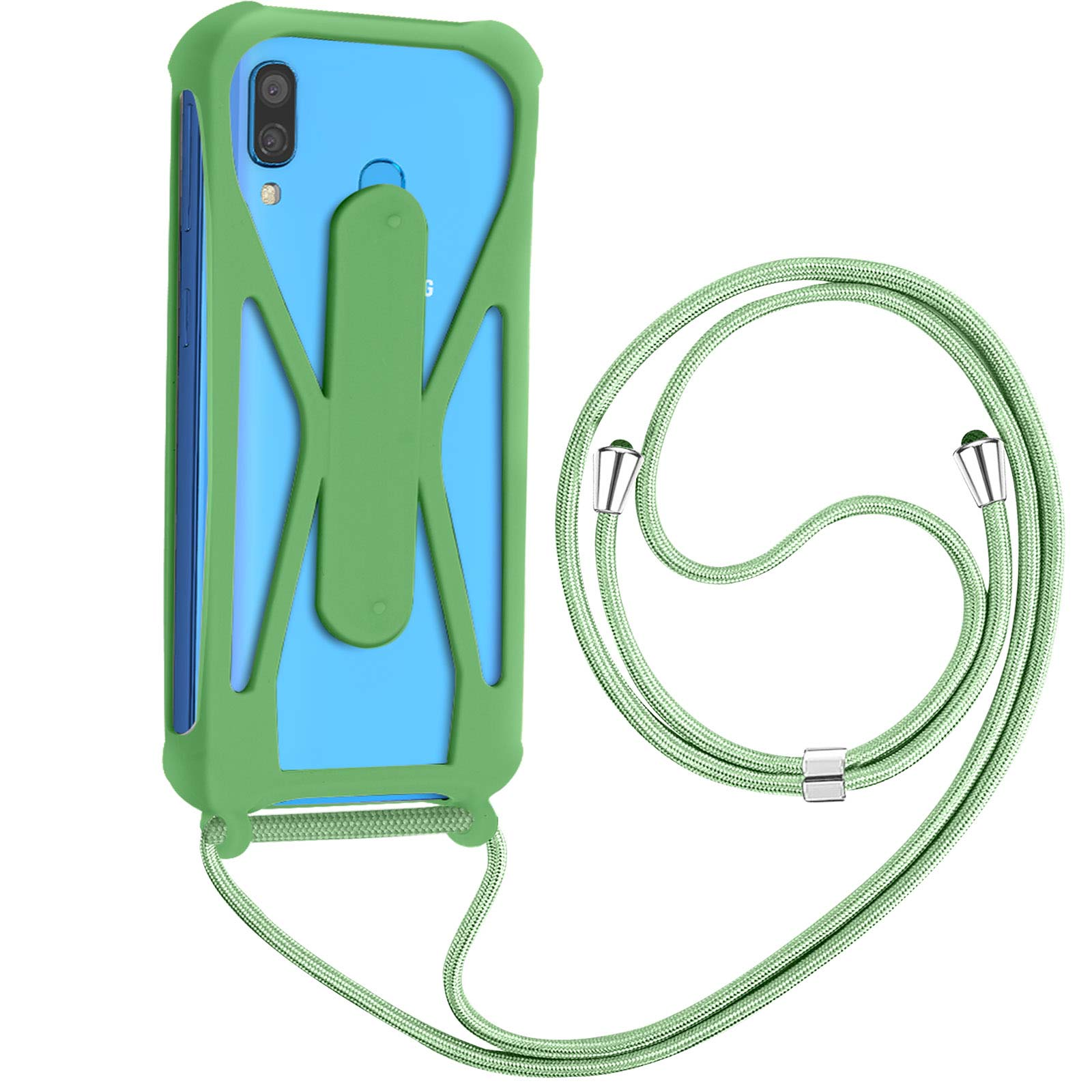 Una custodia verde per telefono con un cordino attaccato. Il telefono è blu. Il cordino e la custodia sono verdi.