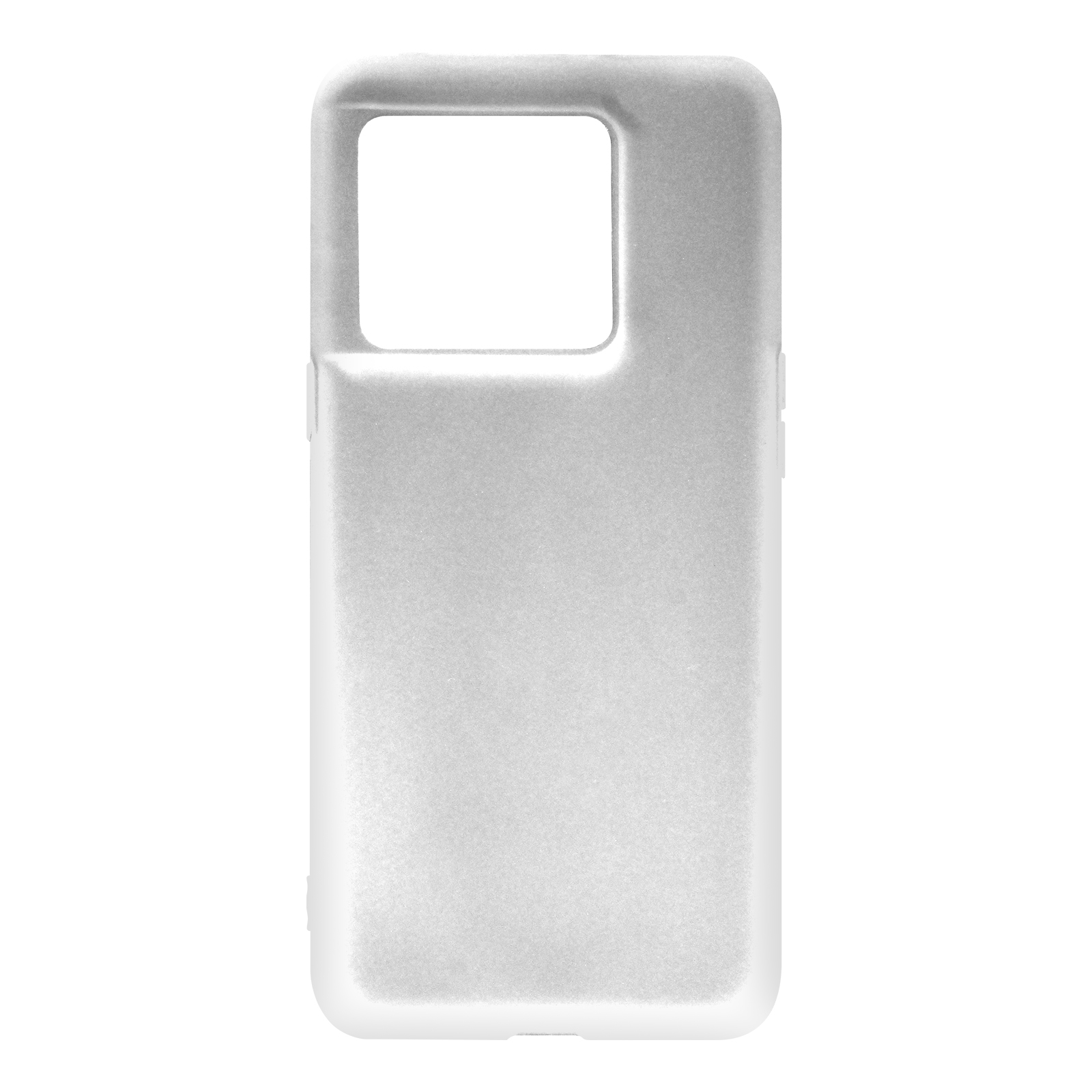 Une coque de téléphone blanche avec une découpe rectangulaire pour l'appareil photo sur fond blanc.