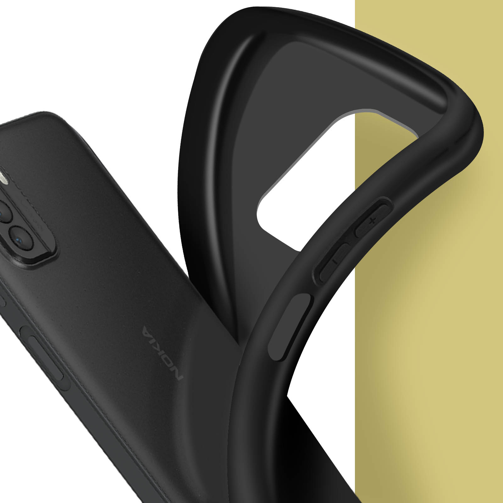 Coque de téléphone noire avec un téléphone à l'intérieur. La coque a des boutons et le logo Nokia.