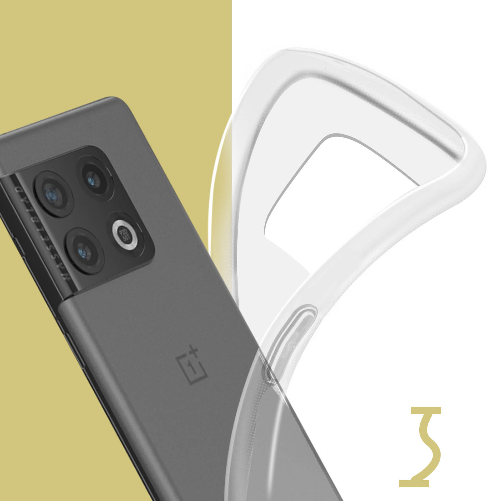 Téléphone et étui. Le téléphone est gris et l'étui transparent. Le téléphone a plusieurs caméras.