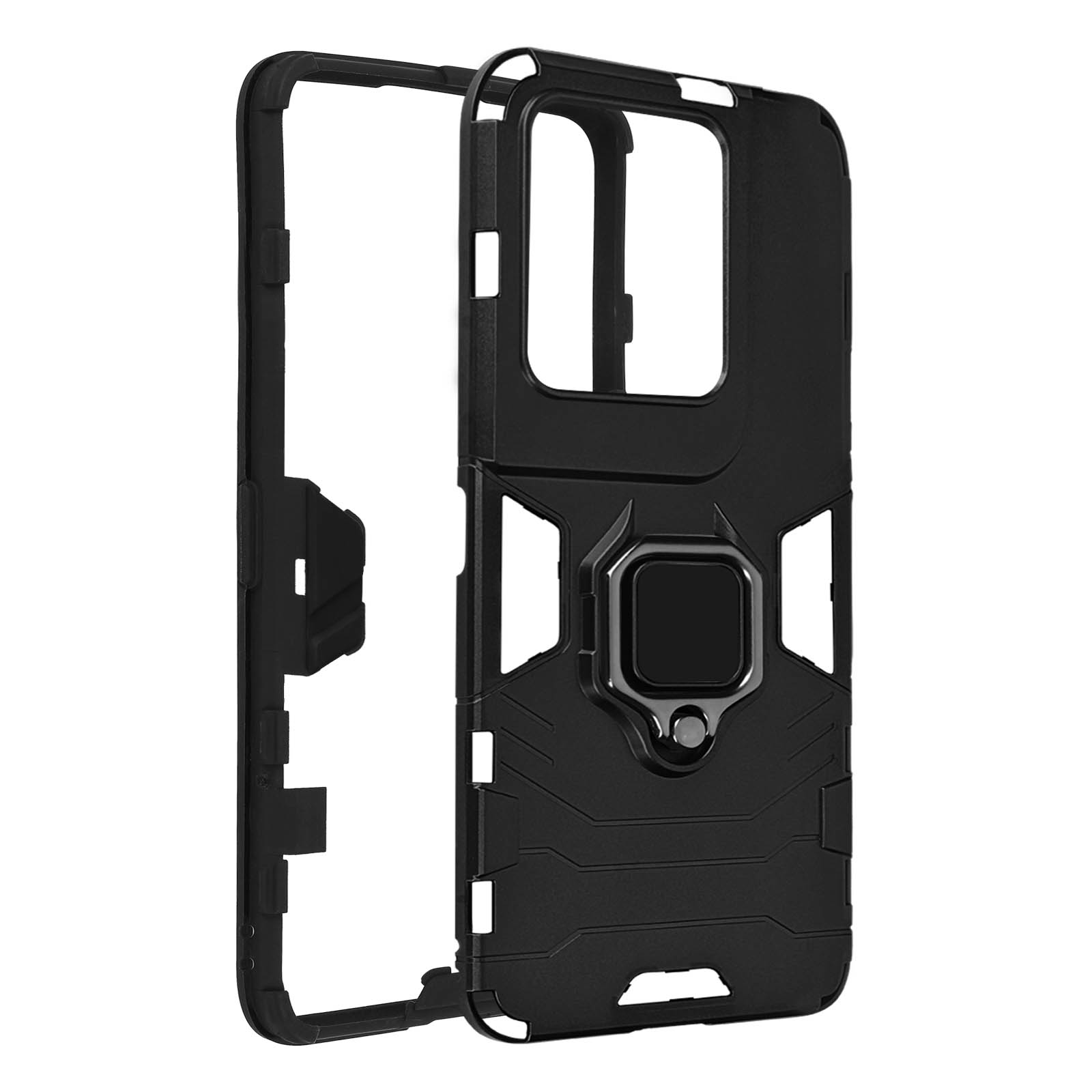 Una custodia nera per telefono con anello e contorno trasparente, su sfondo bianco.