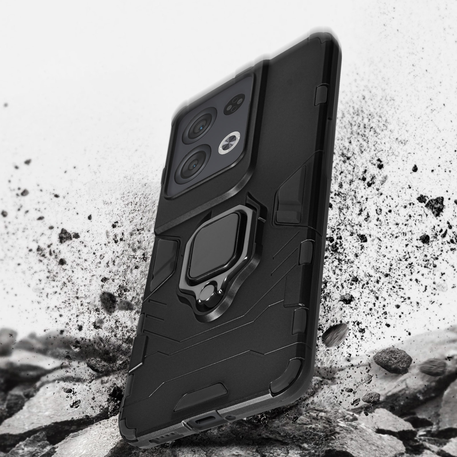 Coque de téléphone noire avec support d'anneau, surface texturée et rochers environnants.