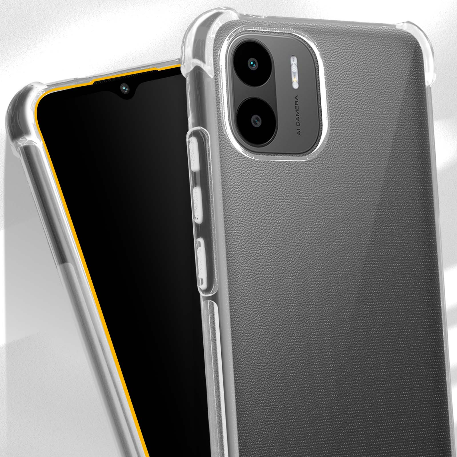 Telefon mit durchsichtiger Hülle, grauer Rückseite, zwei Kameras. Gelbe Akzente.