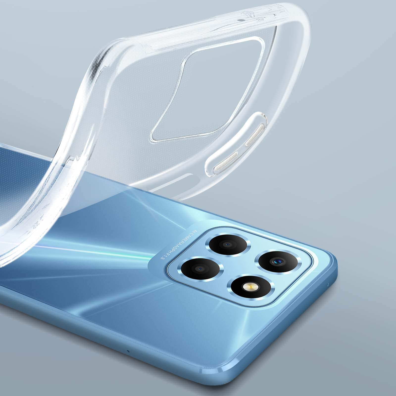 Uno smartphone blu con custodia trasparente, con la parte posteriore visibile.