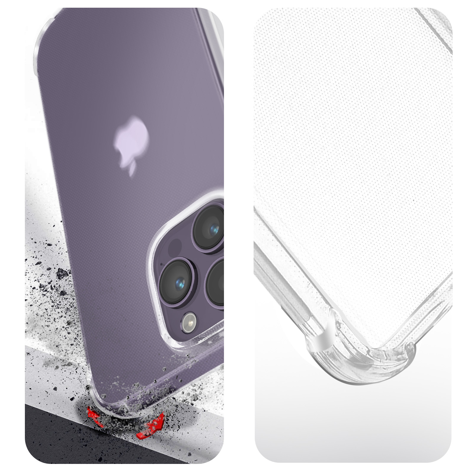 Zwei Bilder, die eine lila Handyhülle auf einem Telefon und eine transparente Hülle zeigen. Das Telefon liegt auf einer Oberfläche.