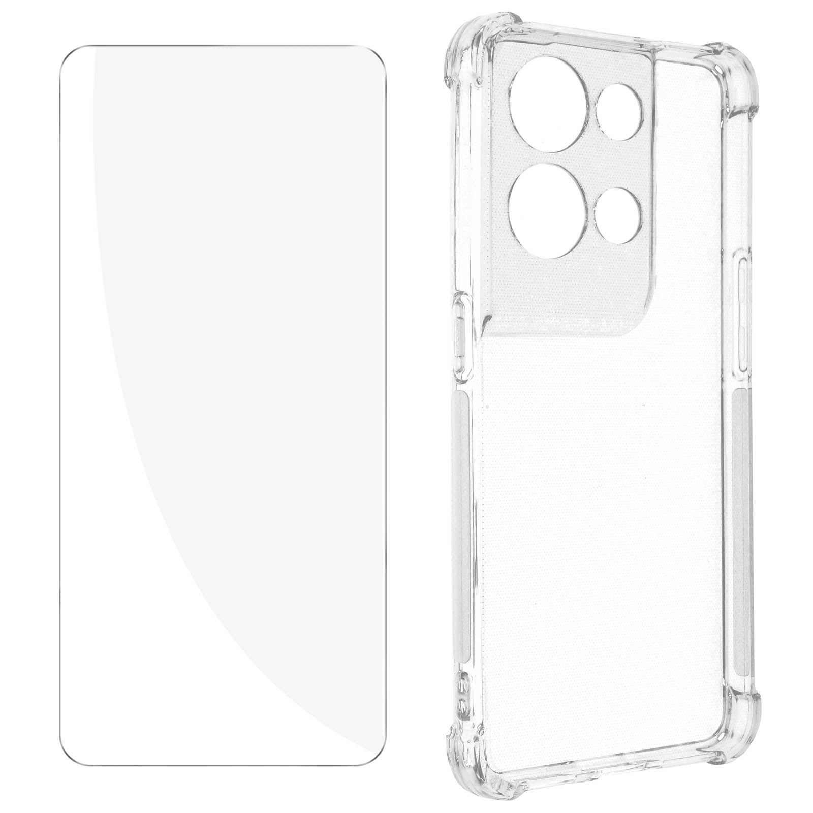 Custodia trasparente per telefono e protezione schermo. La custodia ha aperture per fotocamera e pulsanti. Entrambi trasparenti.
