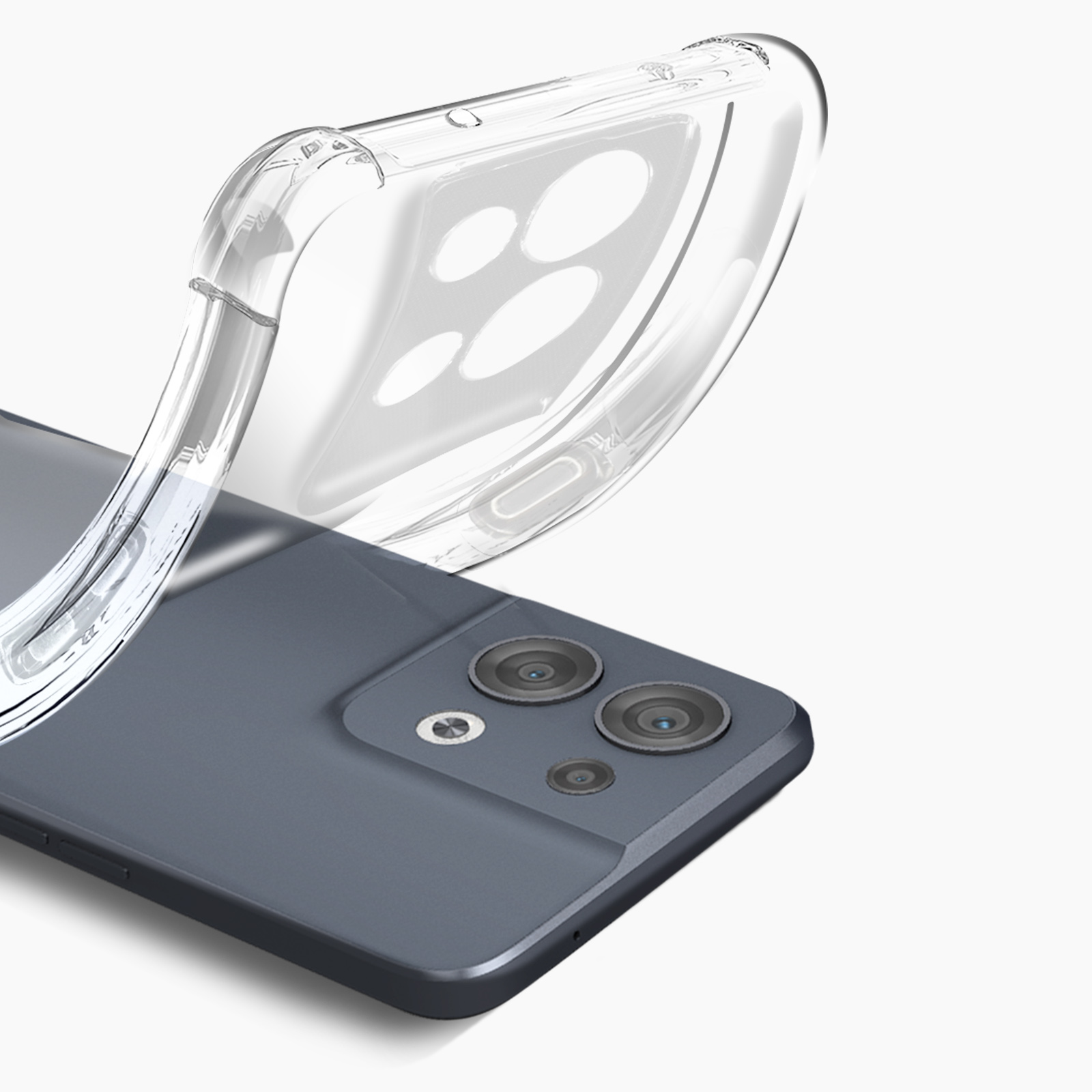Eine transparente Handyhülle liegt über einem dunkelgrauen Telefon. Die Hülle ist durchsichtig, Kameras sichtbar.