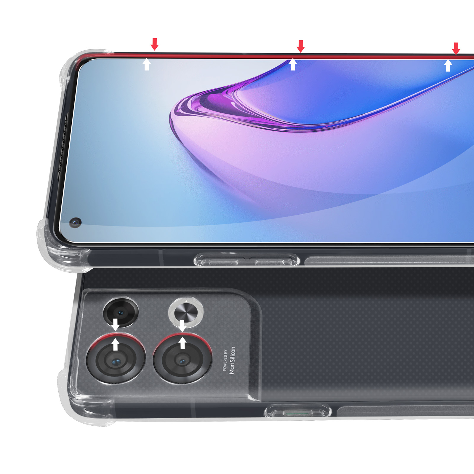 Transparente Handyhülle auf einem Telefon. Pfeile zeigen auf die Kanten. Weißer Hintergrund.