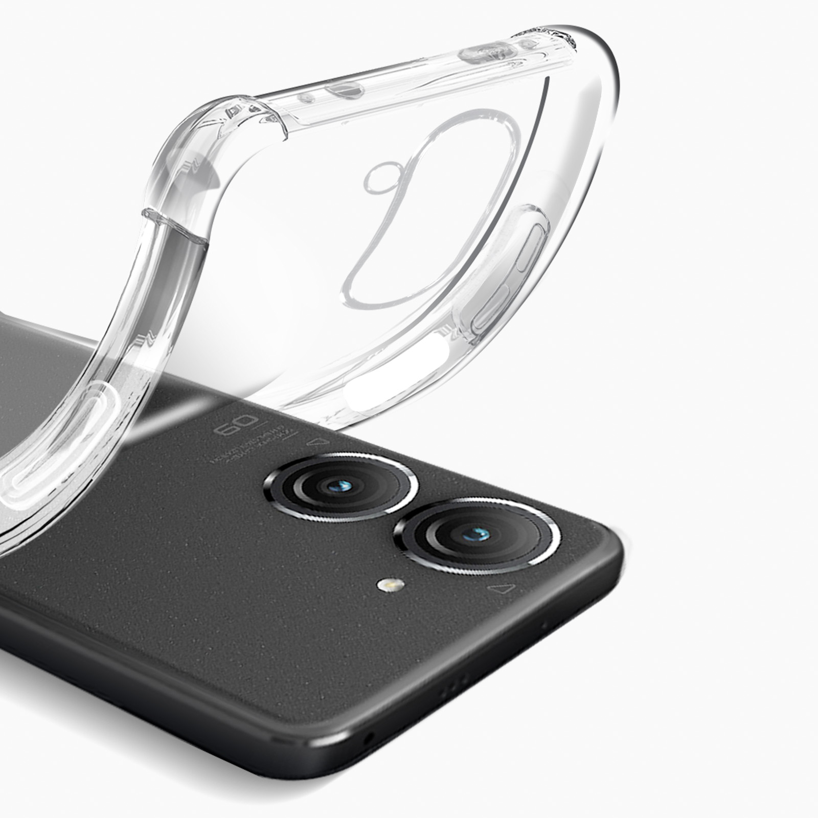 Custodia trasparente su un telefono nero, che mostra le lenti della fotocamera.