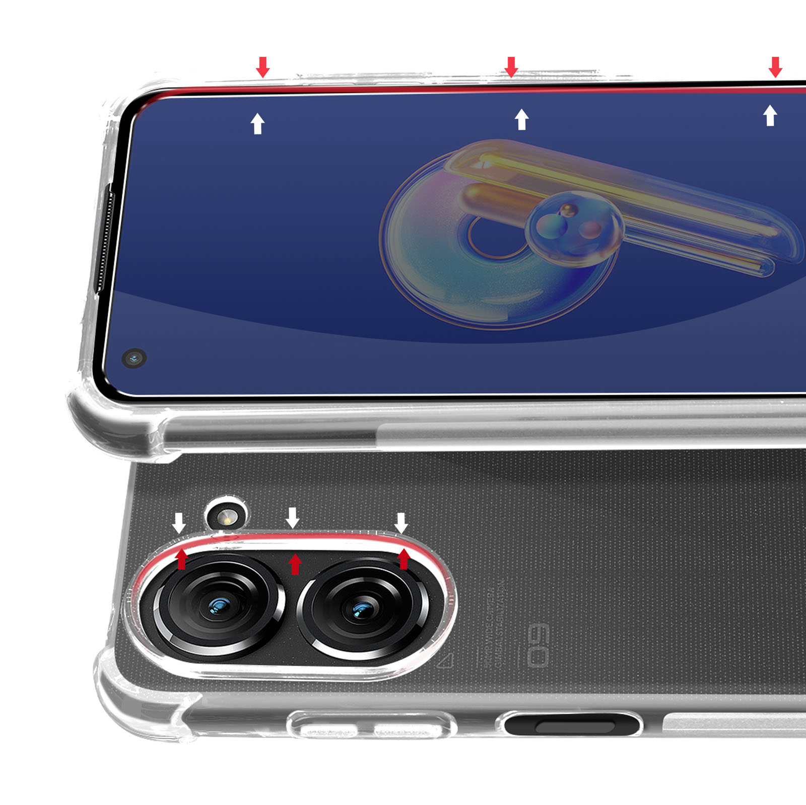 Una custodia trasparente su un telefono che mostra le lenti della fotocamera e lo schermo con frecce rosse.