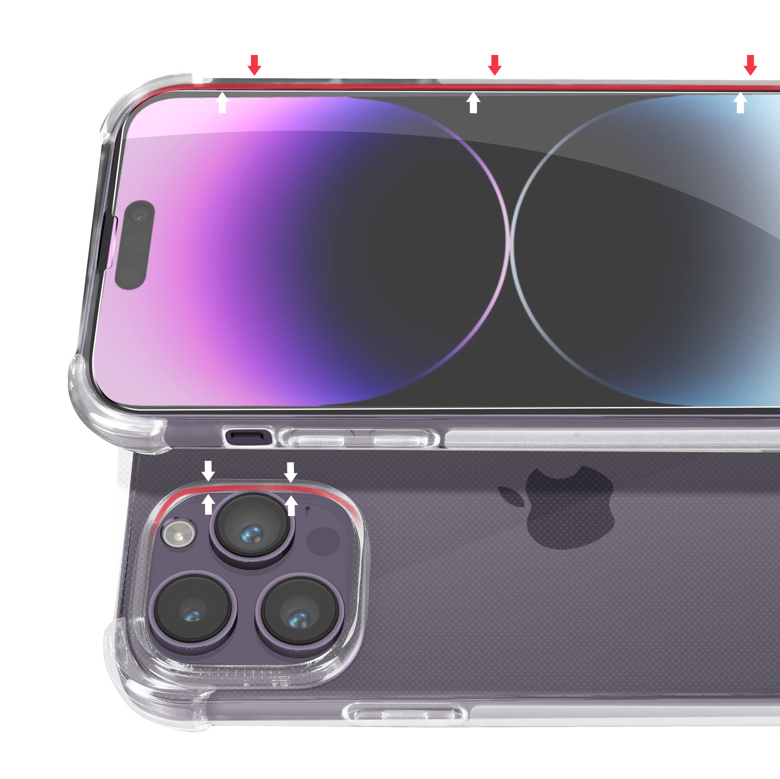 Nahaufnahme einer transparenten Handyhülle auf einem Telefon, mit Pfeilen, die die Kanten anzeigen.