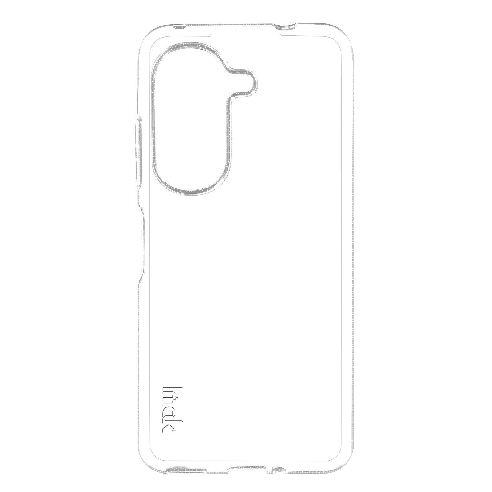 Un contorno di una custodia per telefono trasparente, con spazio per la fotocamera e la parola 'imak'.