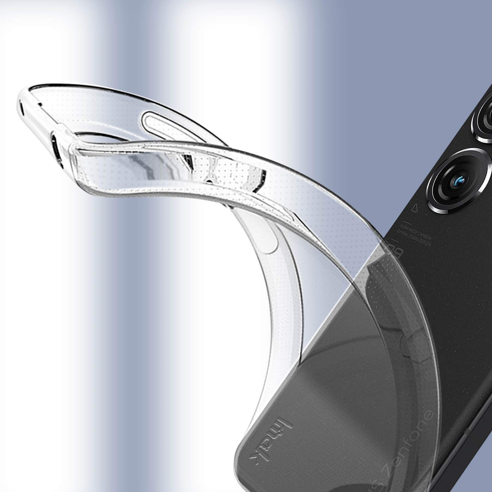 Custodia trasparente per telefono, che mostra la fotocamera e il design. Sfondo chiaro.