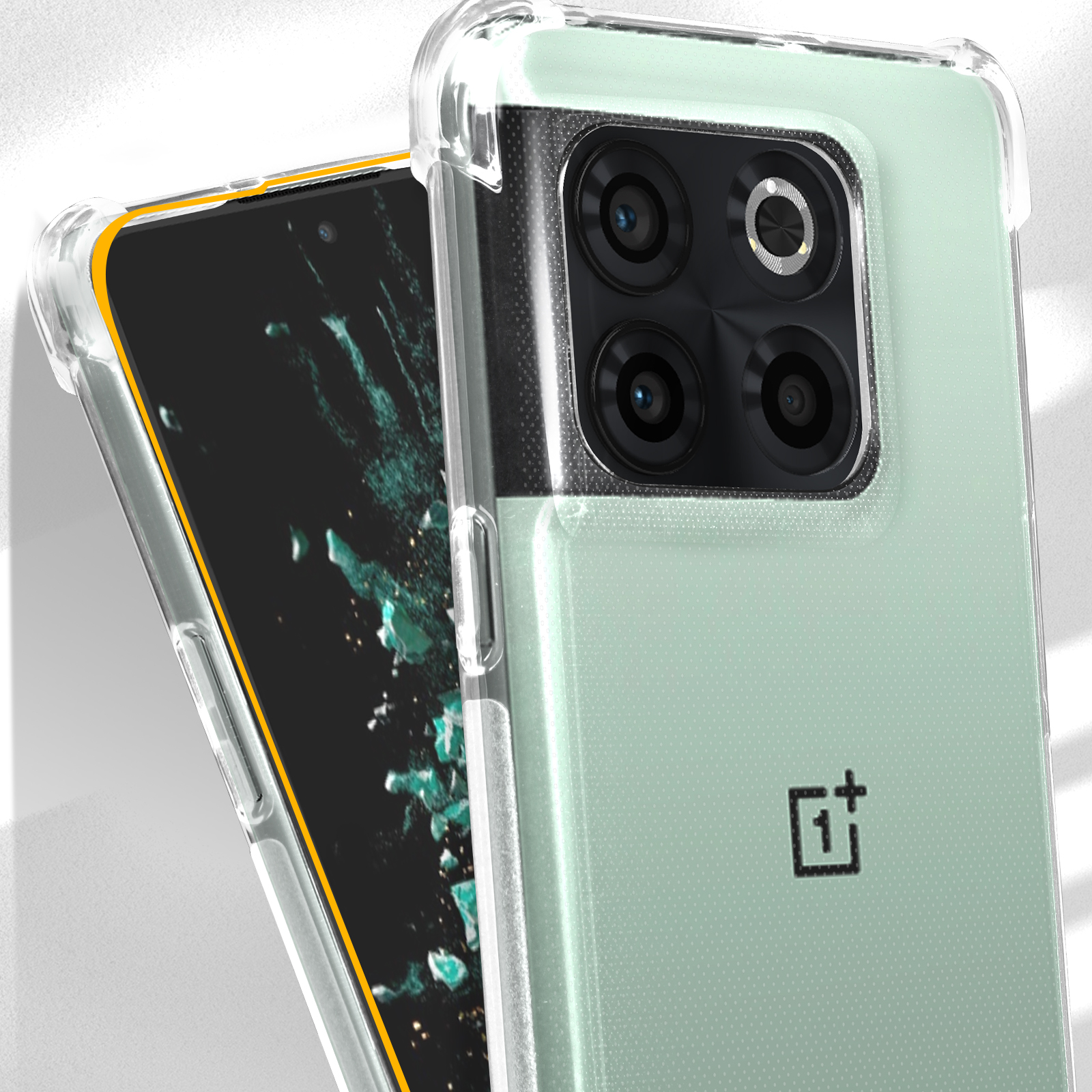 Ein Telefon in einer durchsichtigen Hülle. Das Telefon hat mehrere Kameras.