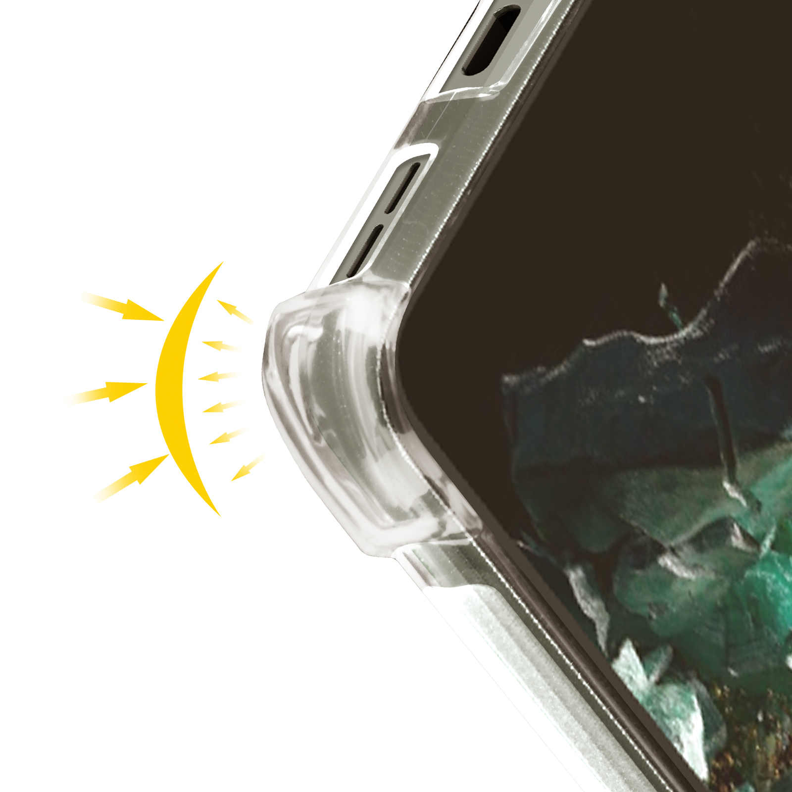 Handyhülle mit transparentem Rahmen und gelbem Akzent. Pfeile zeigen Licht, das aus der Hülle scheint.