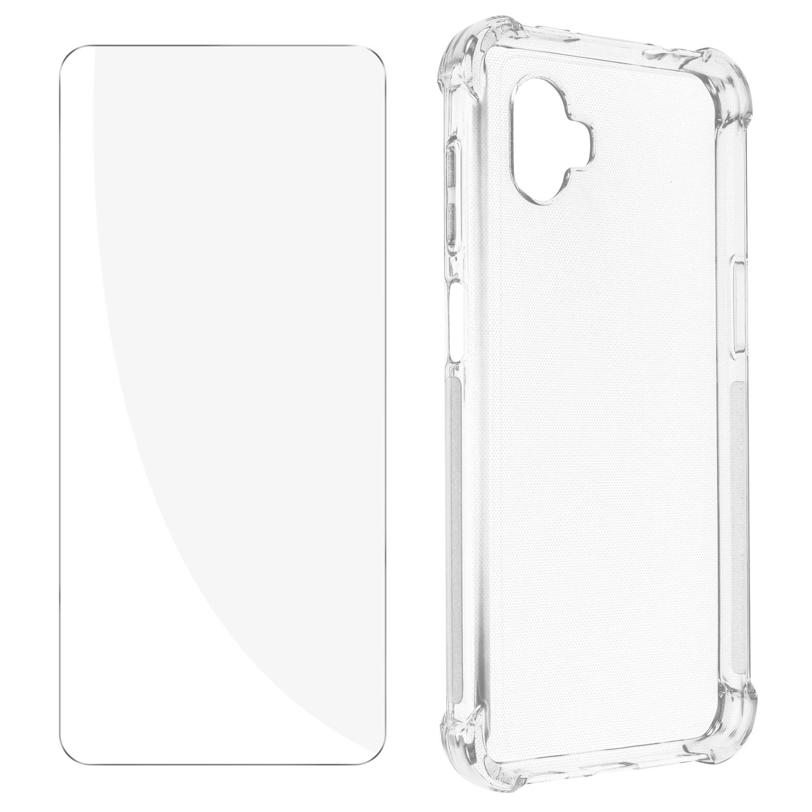 Een doorzichtige telefoonhoes en schermbeschermer, beide transparant, op een witte achtergrond.