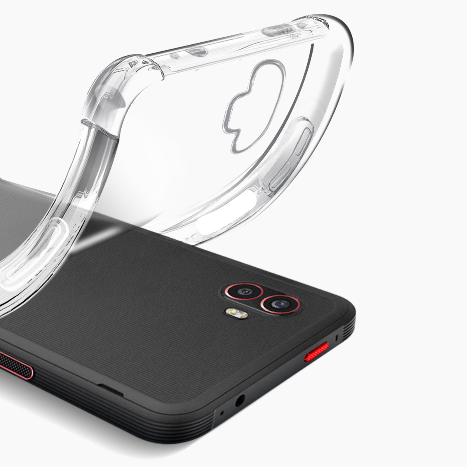 Een transparante telefoonhoes over een zwarte telefoon met twee rode camera's.