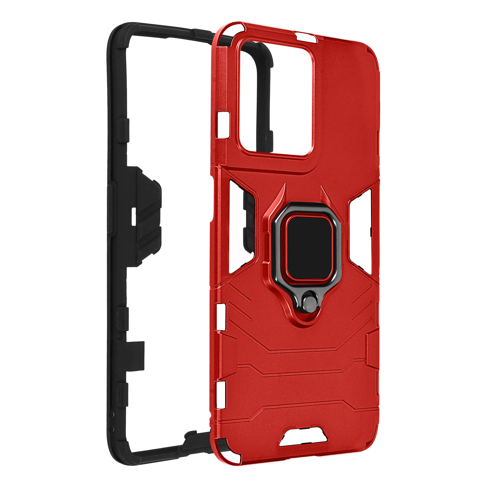 Rote Handyhülle mit schwarzem Rahmen, offen. Mit Ringhalter und robustem Design.