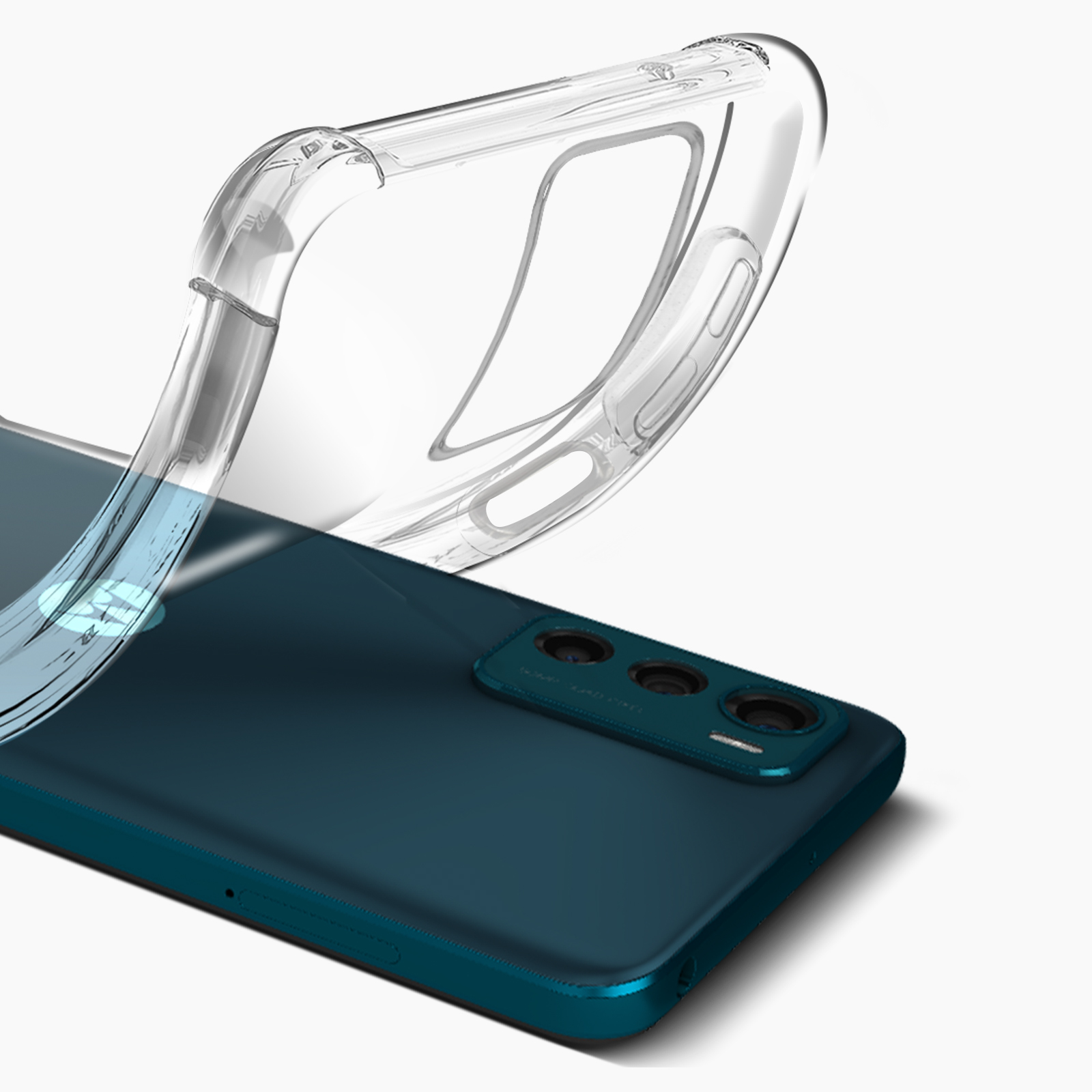 Una custodia trasparente per telefono è posizionata su un telefono blu, mostrando la fotocamera.