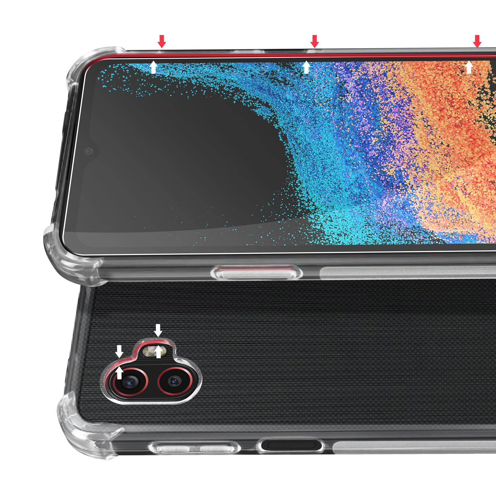 Een close-up van een telefoonhoesje met een telefoon erin, met pijlen die naar de camera en het scherm wijzen.