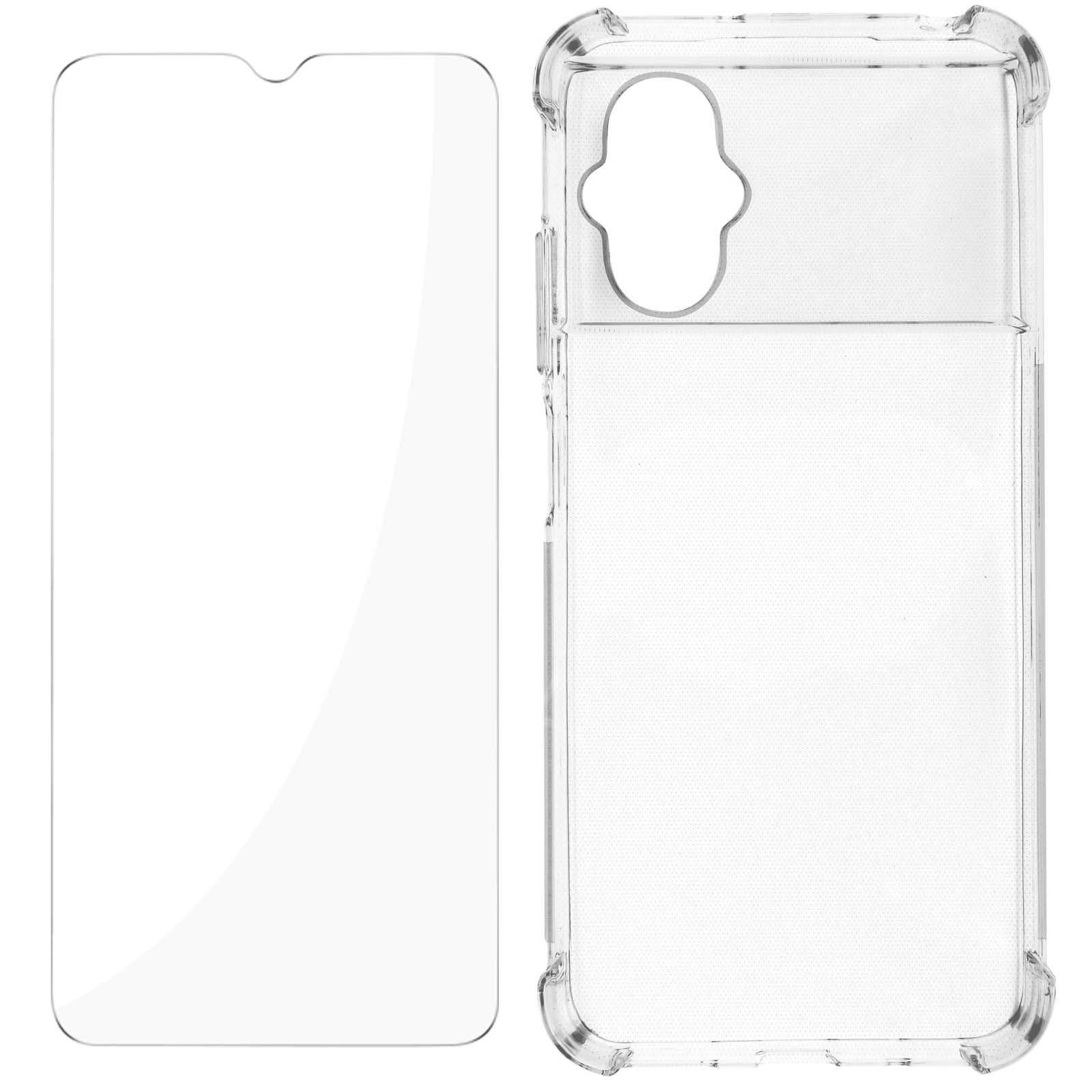 Zwei transparente Telefonzubehörteile. Eines ist ein Displayschutz, das andere eine Hülle.