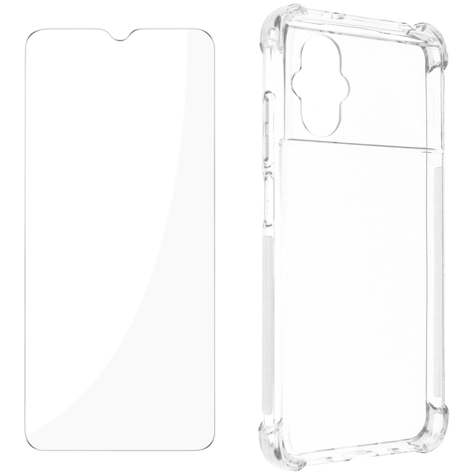 Transparenter Displayschutz und Handyhülle auf weißem Hintergrund.