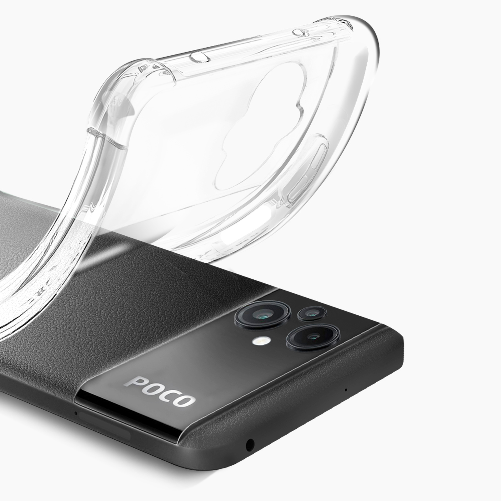 Transparente Handyhülle über einem schwarzen Telefon mit POCO-Branding. Hülle ist teilweise abgezogen.