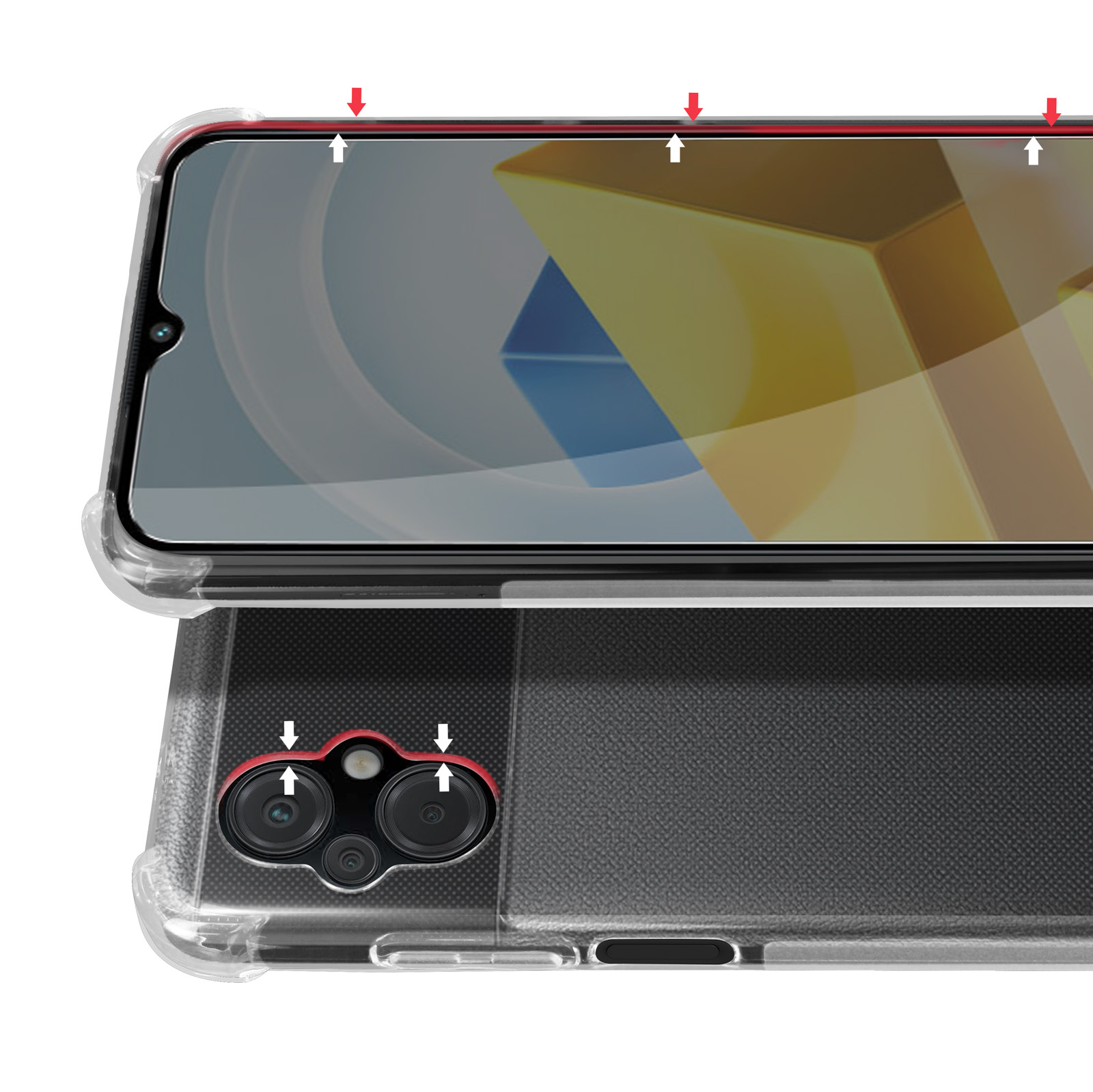 Smartphone mit Displayschutzfolie. Roter und schwarzer Rücken mit Kamera. Weiße Pfeile zeigen Kanten.