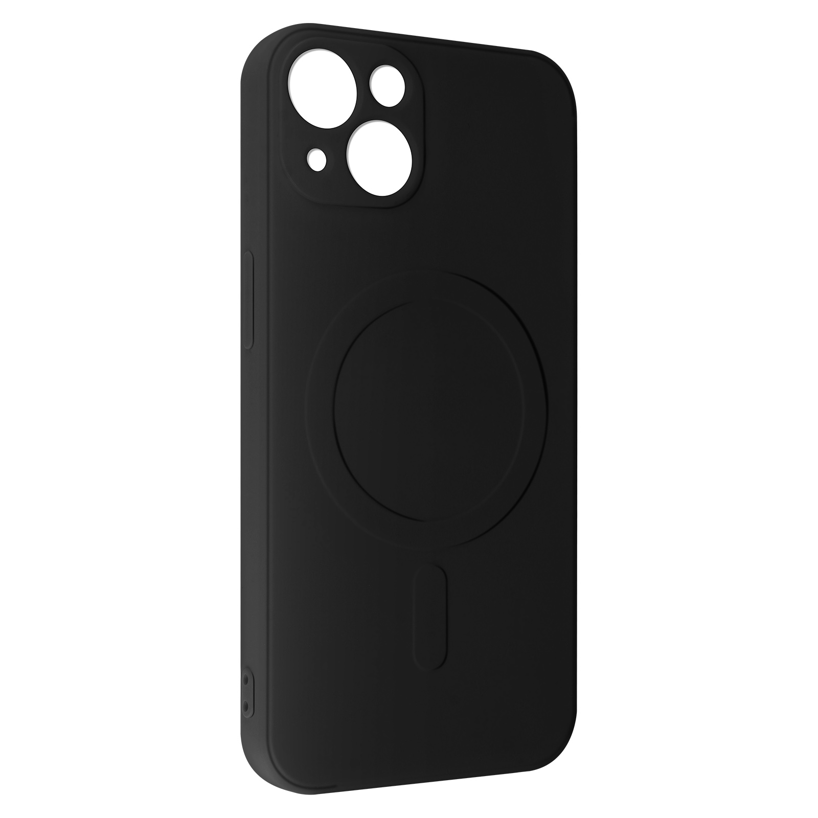 Coque noire pour iPhone avec un design MagSafe circulaire et une découpe pour l'appareil photo. La coque est mate.