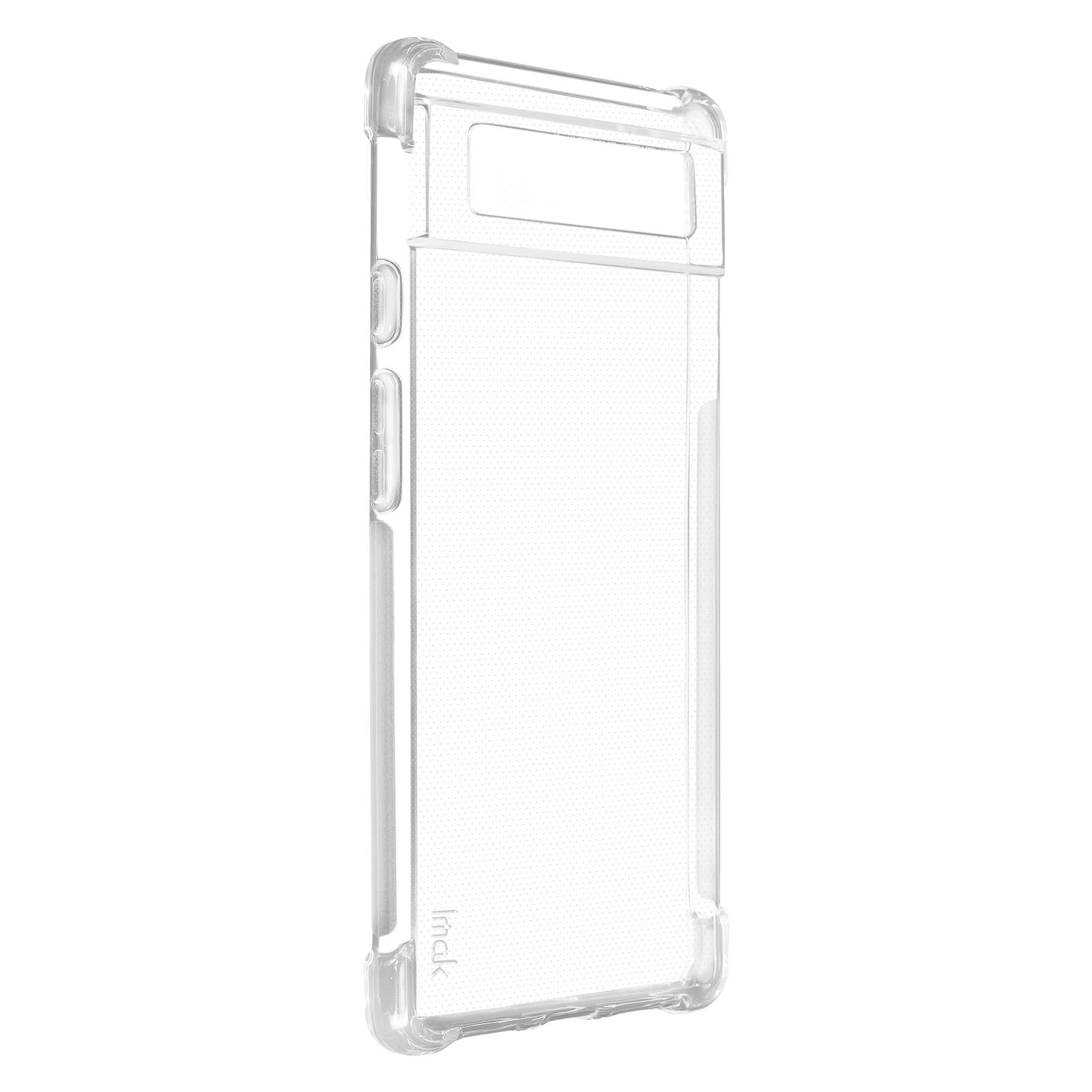 Custodia trasparente per telefono. Design semplice, con fori per pulsanti e fotocamera.