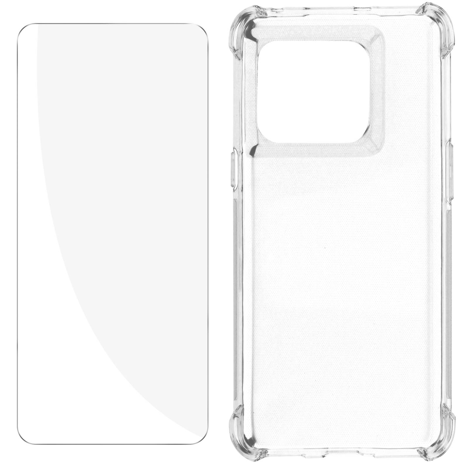Transparente Handyhülle und Displayschutzfolie. Die Hülle hat schützende Kanten.