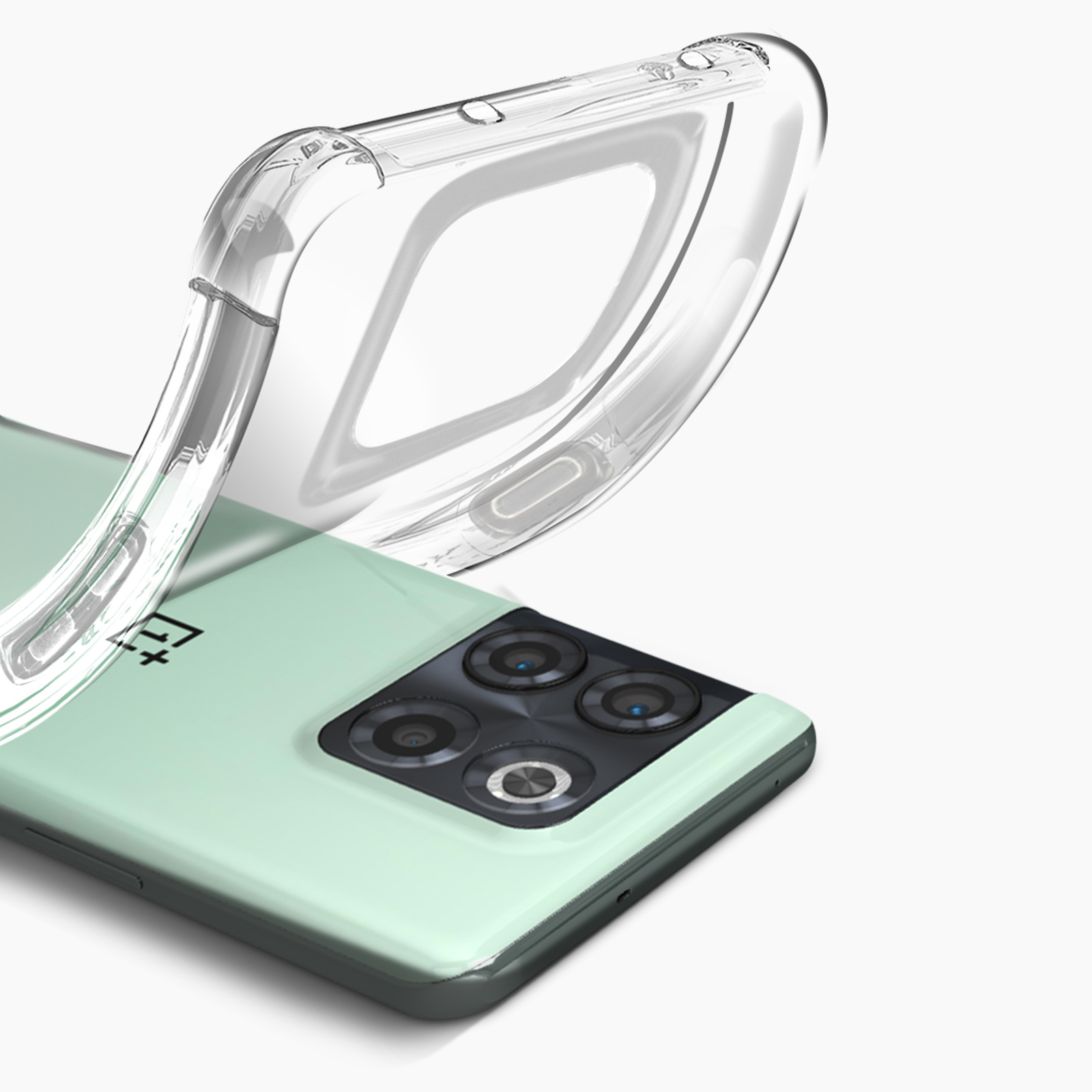 Klare Handyhülle über einem hellgrünen Telefon mit drei Kameras.