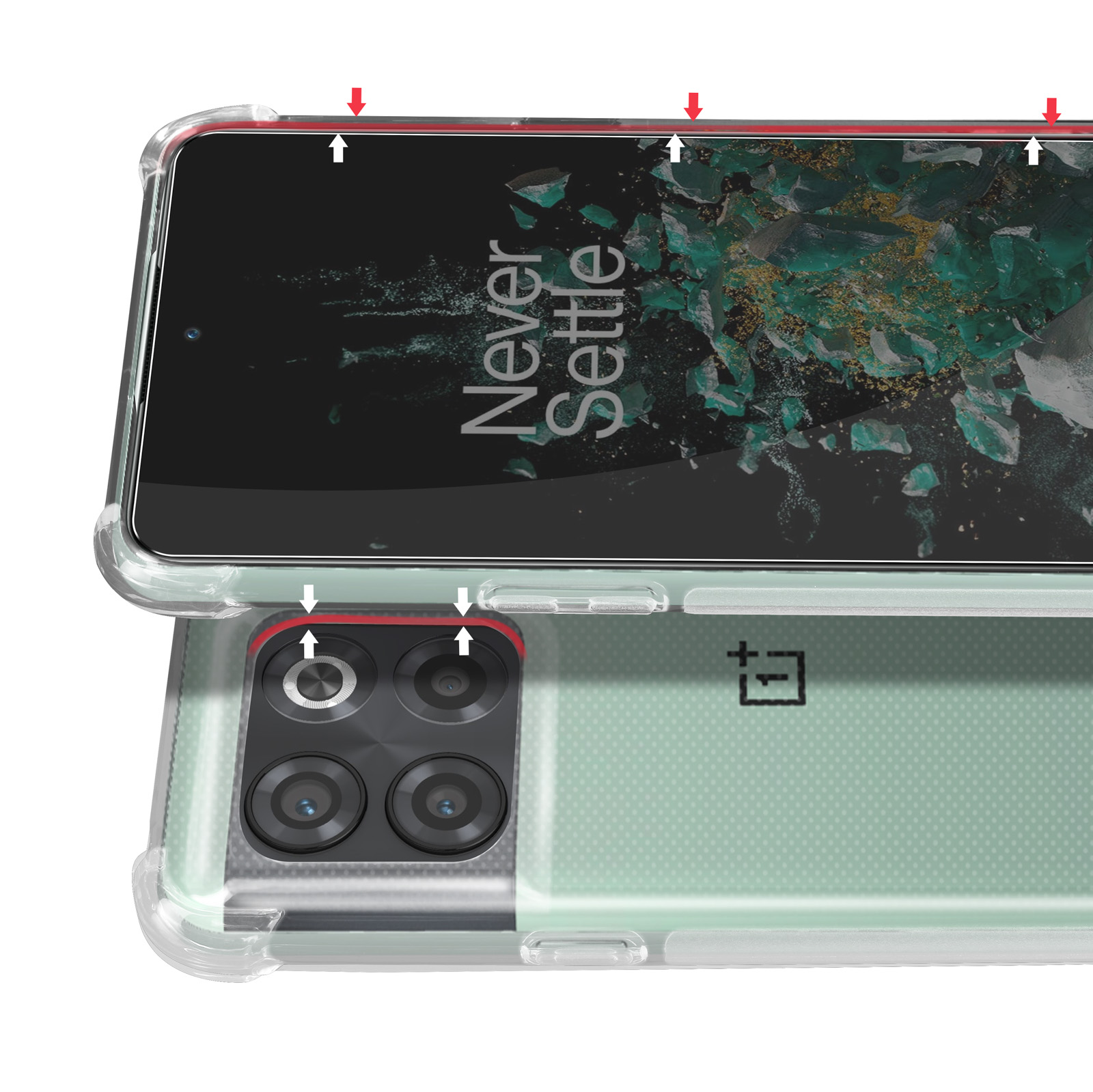 Transparente Handyhülle mit einem grünen Telefon darin. Draufsicht, Pfeile zeigen auf die Ränder.