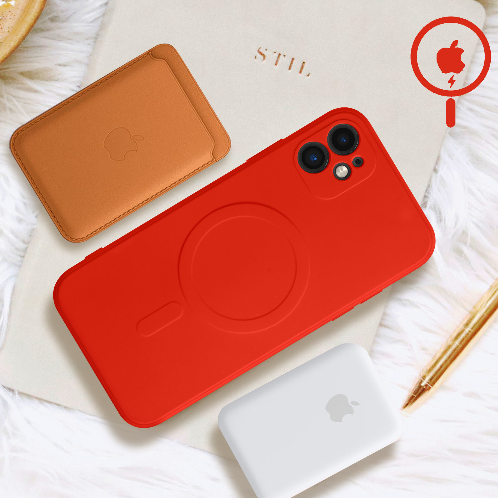 Eine rote Handyhülle mit einem weißen Ladepad und einem Lederetui, mit dem Apple-Logo.