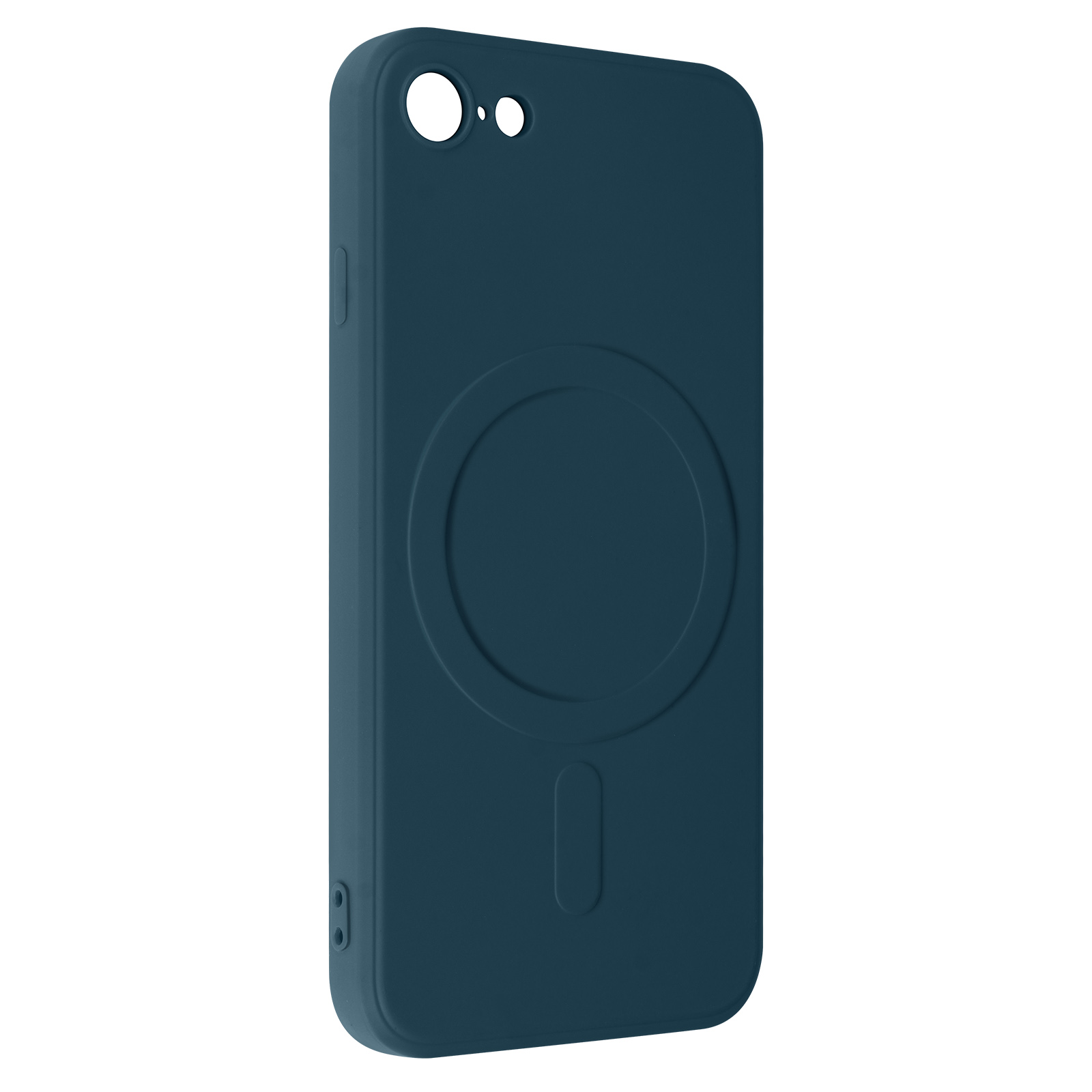 Donkerblauwe telefoonhoes met een cirkelvormig MagSafe-ontwerp en een klein gaatje voor de camera.