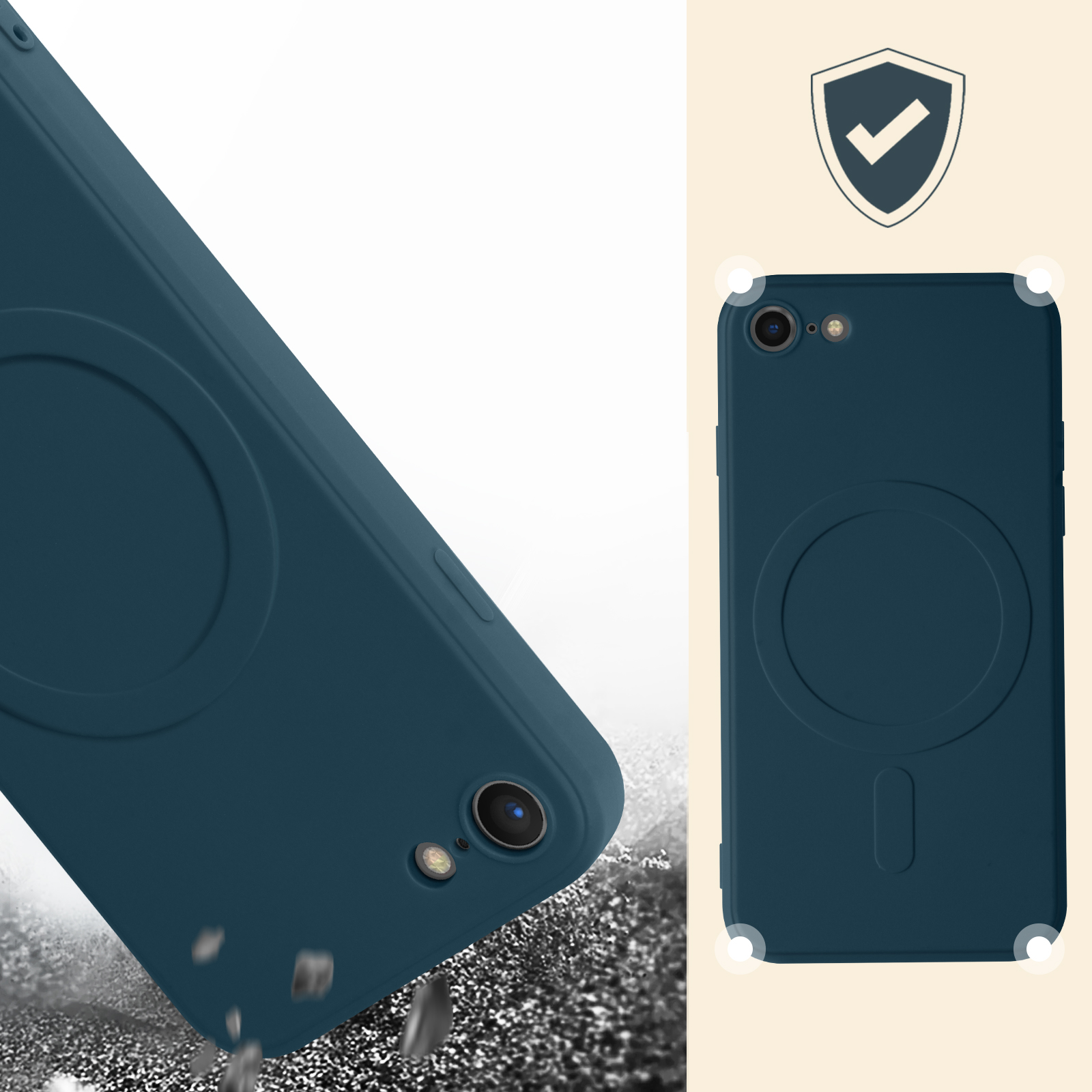 Donkerblauwe telefoonhoes met een cirkelvormig magnetisch bevestigingspunt, met een zichtbare telefoon.