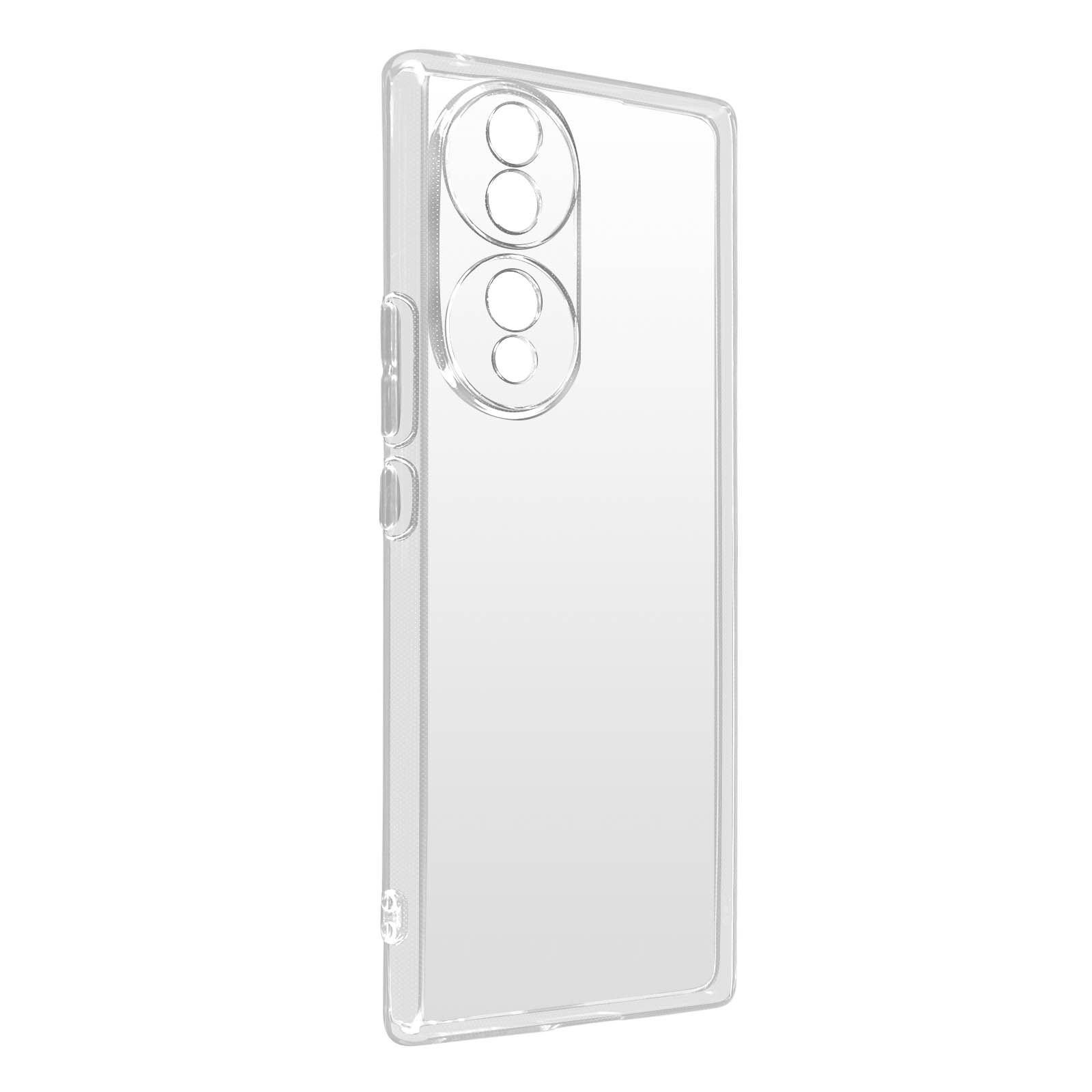 Una custodia trasparente per telefono. Ha due ritagli per la fotocamera e fori.