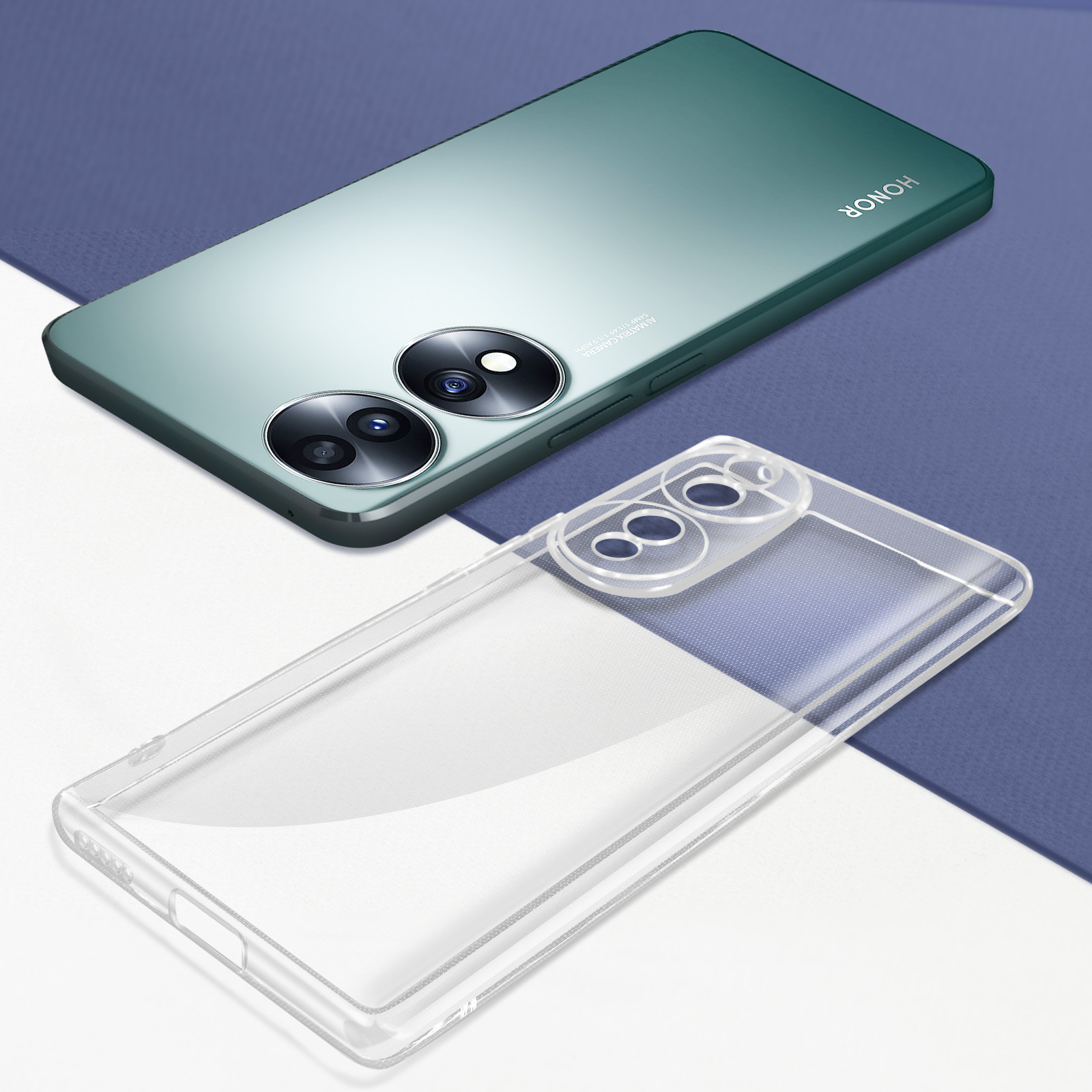 Telefono Honor verde con due fotocamere e custodia trasparente su superficie blu e bianca.