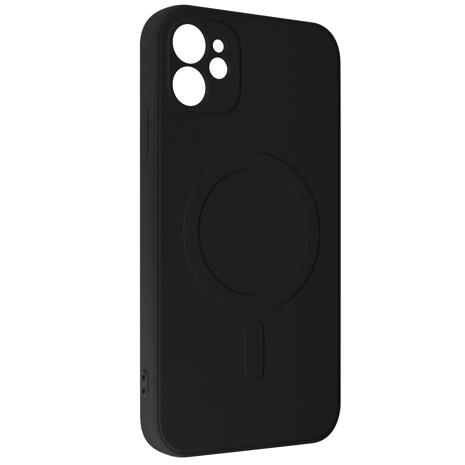 Een zwarte telefoonhoes met een cirkelvormig MagSafe-ontwerp en camera-uitsparingen op een witte achtergrond.