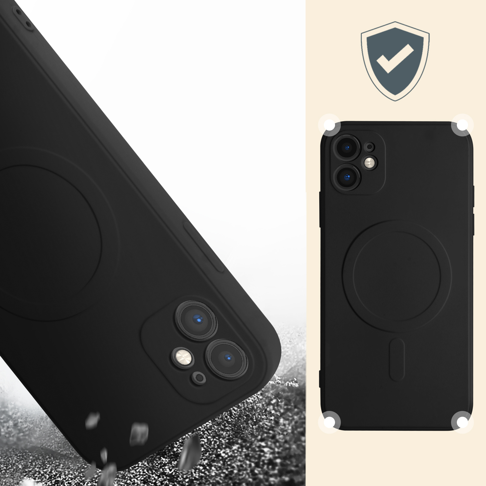 Zwarte telefoonhoes met cirkel en camera-uitsparingen, beschermingspictogram rechts.
