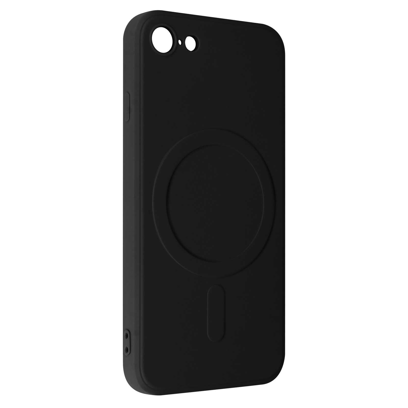Zwarte telefoonhoes met een cirkelvormig ontwerp op de achterkant, op een witte achtergrond.