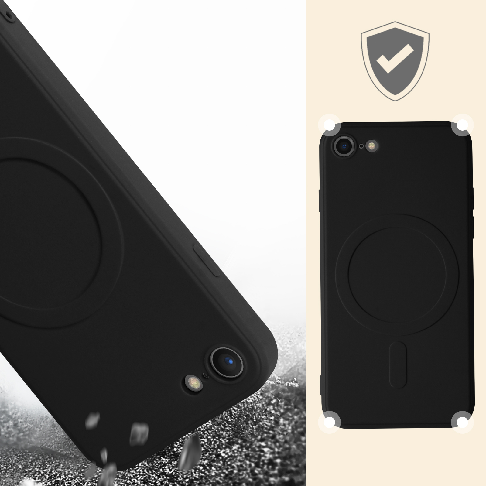 Zwarte telefoonhoes. Achterkant van de telefoon met een cirkel. Zwart, hoekbescherming. Witte achtergrond.