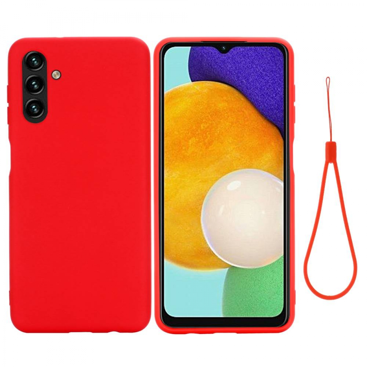 Rote Handyhülle mit Telefon darin. Das Telefon hat drei Kameras und einen Riemen.