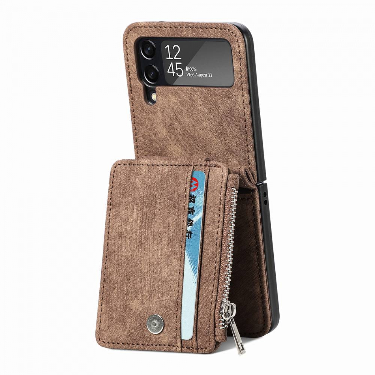 Braune Leder-Handyhülle mit Portemonnaie-Design, mit Karte und Handy.