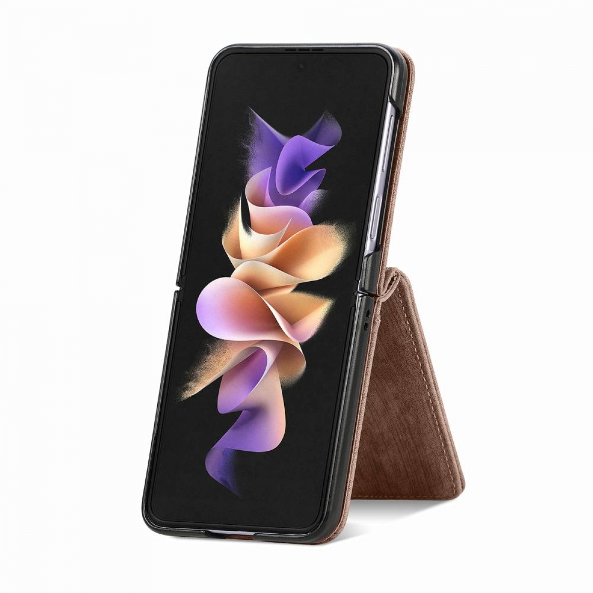 Ein Smartphone in einer braunen Hülle, aufgestellt. Der Bildschirm ist sichtbar.