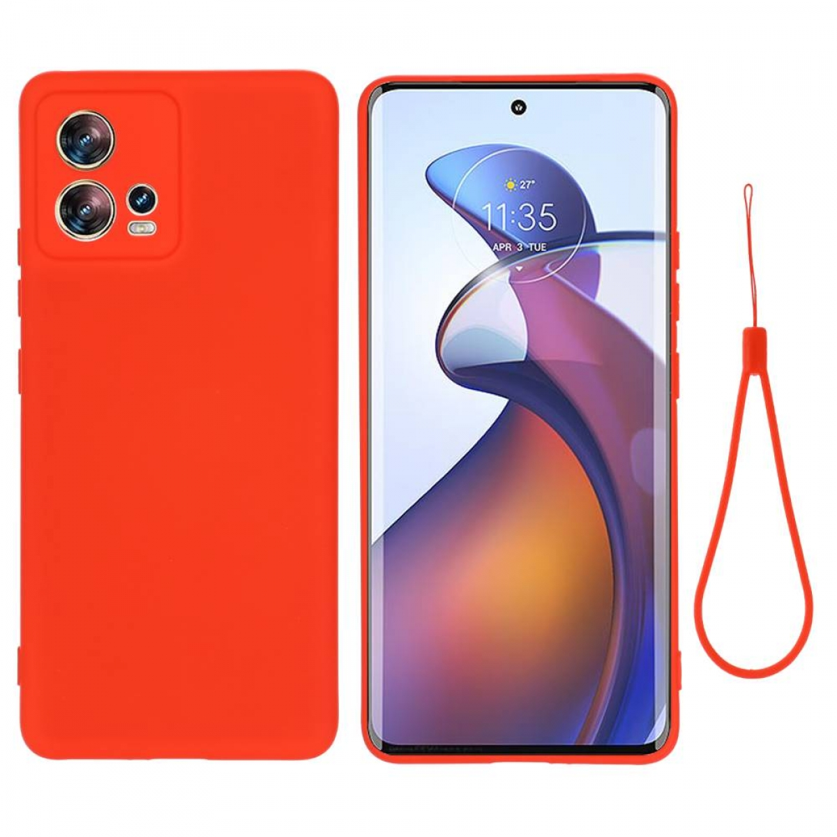 Rote Handyhülle mit Telefon, Kameraausschnitten und rotem Schlüsselband.