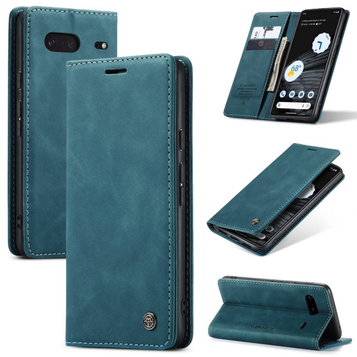 Eine teal-farbene Leder-Handyhülle in mehreren Ansichten. Ein Telefon befindet sich in der Hülle und zeigt den Startbildschirm.